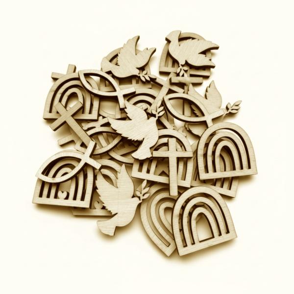 25‑teiliges Holz‑Streudeko‑Set für Taufe, Kommunion, Konfirmation und Firmung.